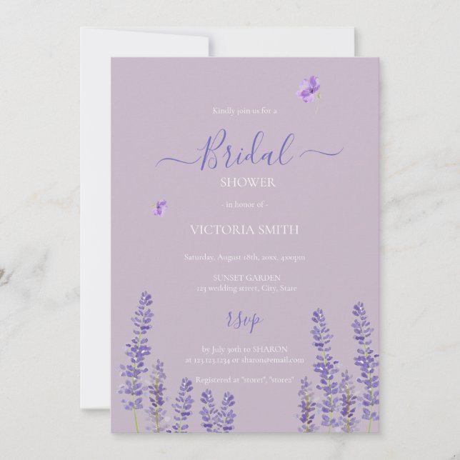 Invitación Brunch morado floral con ducha novia (Anverso)