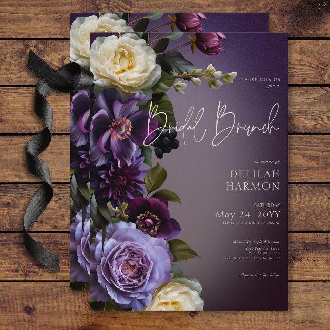 Invitación Brunch morado floral morado oscuro y lavanda (Dark Moody Purple & Lavender Floral Bridal Brunch Invitation)