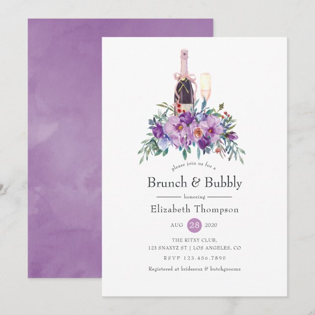 Invitación Brunch morado floral y ducha de novia burbujeante (Anverso / Reverso)