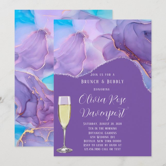 Invitación Brunch morado Verde azulado de tinta de alcohol y  (Anverso / Reverso)
