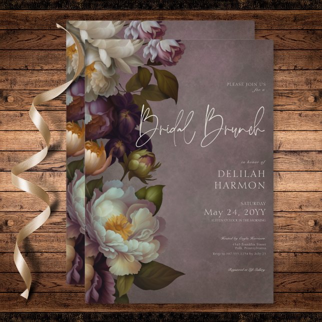 Invitación Brunch moraleja floral oscuro de borgoña y crema (Dark Moody Burgundy & Cream Floral Bridal Brunch Invitation)