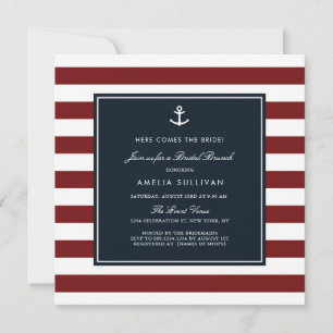 Invitación Brunch Nautical Bridal de las franjas azul y roja 