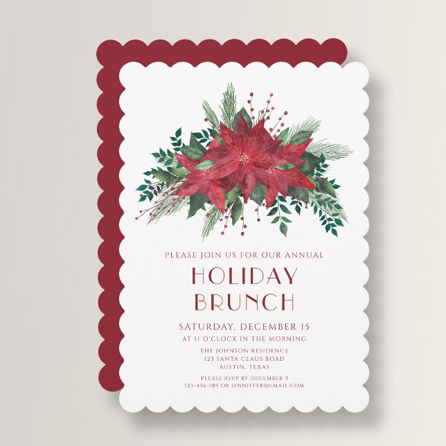 Invitación Brunch Navidades de noinsettia roja festiva (Festive Red Poinsettia Christmas Brunch Invitation)