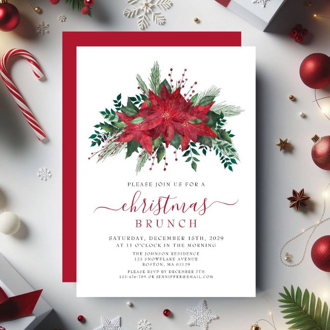 Invitación Brunch Navidades florales de la elegante poinsetti (Elegant Red Poinsettia Floral Christmas Brunch Invitation)