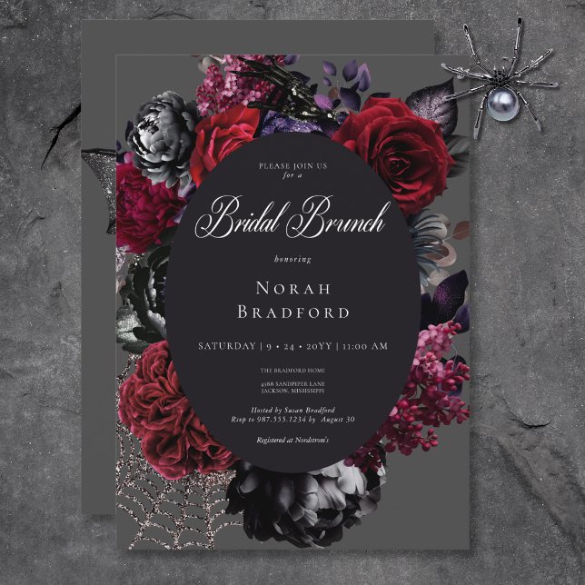 Invitación Brunch negro de novia de Glam Floral oscuro de Hal (Dark Halloween Glam Floral Black Bridal Brunch Invitation)