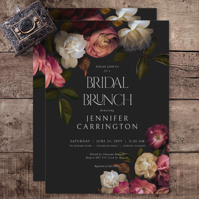 Invitación Brunch negro de novias de Borgoña y Crema (Dark Burgundy & Cream Peonies Black Bridal Brunch Invitation)