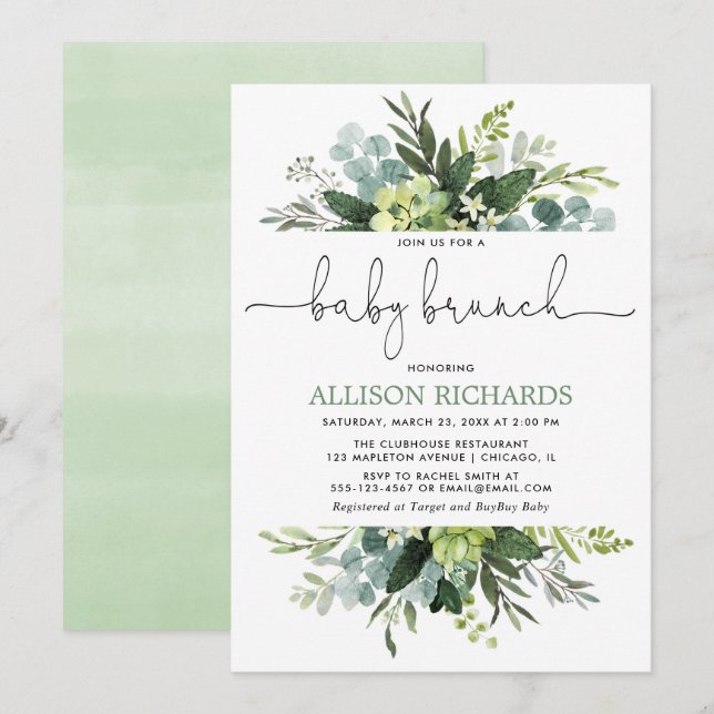 Invitación Brunch neutral del bebé del follaje del verdor del (Anverso / Reverso)