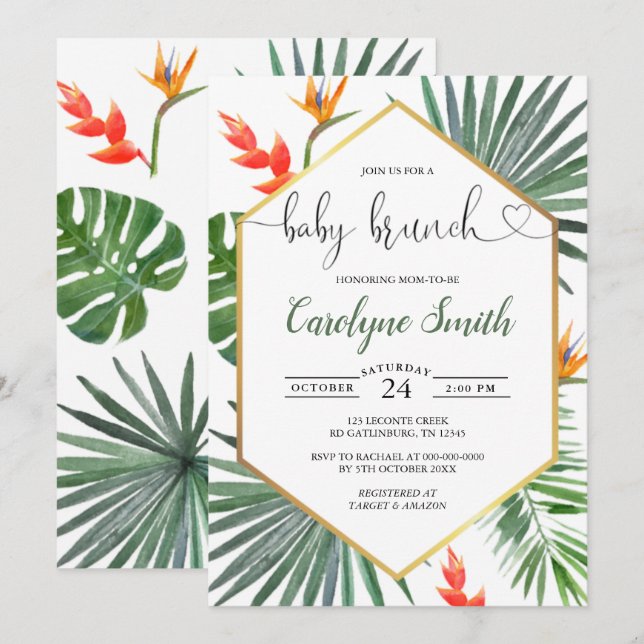 Invitación Brunch Neutral para Bebé de Oro Geométrico Tropica (Anverso / Reverso)