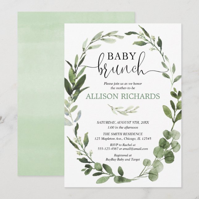 Invitación Brunch neutro de género para bebé brunch eucalyptu (Anverso / Reverso)