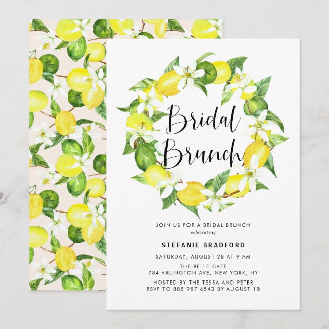 Invitación Brunch Nocturna Wreath de limón de color agua (Anverso / Reverso)