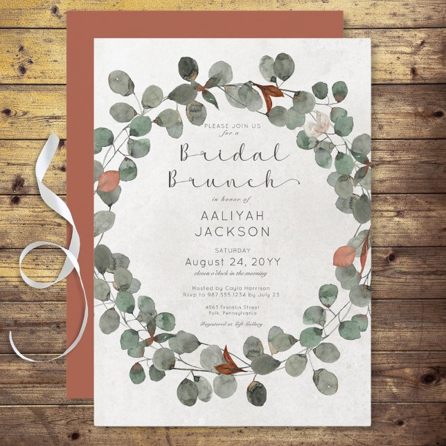 Invitación Brunch Nodal Moderno Rust & Green Eucalyptus (Rust & Green Eucalyptus Modern Bridal Brunch Invitation)