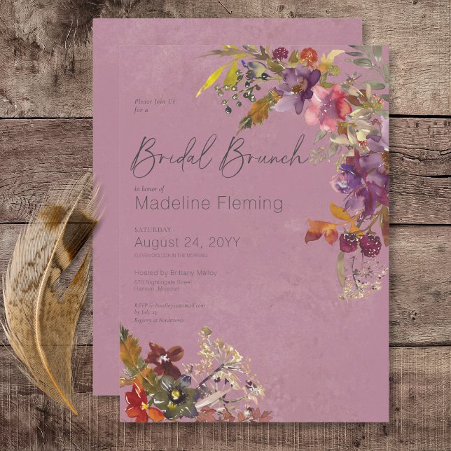 Invitación Brunch Nodal Rústico Boho Jewel Tone Plum Florals (Rustic Boho Jewel Tone Plum Florals Bridal Brunch Invitation)