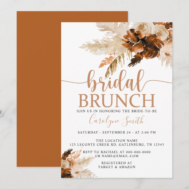 Invitación Brunch nupcial bohemiana de pampas (Anverso / Reverso)