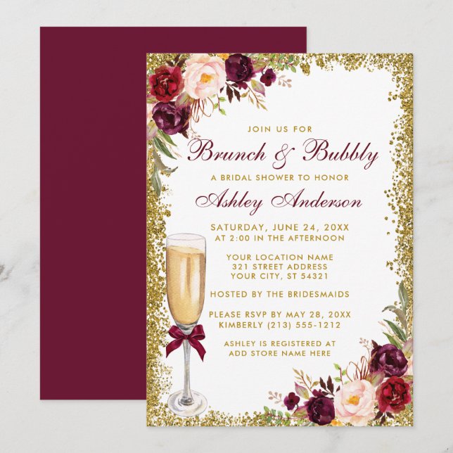 Invitación Brunch nupcial Bubbly Burgundy Floral Gold Purpuri (Anverso / Reverso)