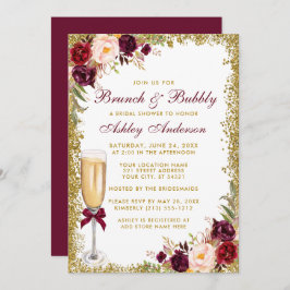 Invitación Brunch nupcial Bubbly Burgundy Floral Gold Purpuri