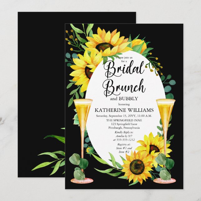 Invitación Brunch nupcial Bubbly Sunflowers Eucalyptus Floral (Anverso / Reverso)