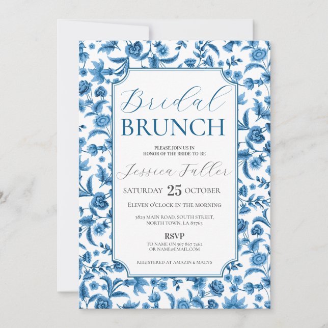 Invitación Brunch nupcial Chintz Ditsy Floral Azul y Blanca (Anverso)