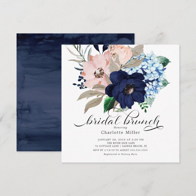 Invitación Brunch nupcial con flores azules de la marina y Ru (Anverso / Reverso)