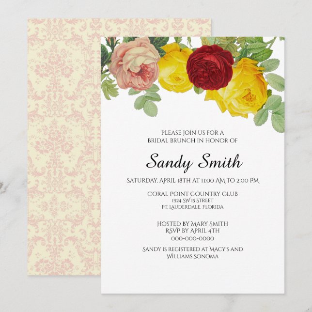 Invitación Brunch nupcial con flores de los Rosas (Anverso / Reverso)