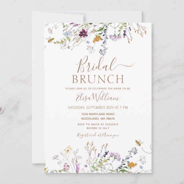 Invitación Brunch nupcial de abejas y flores silvestres (Anverso)