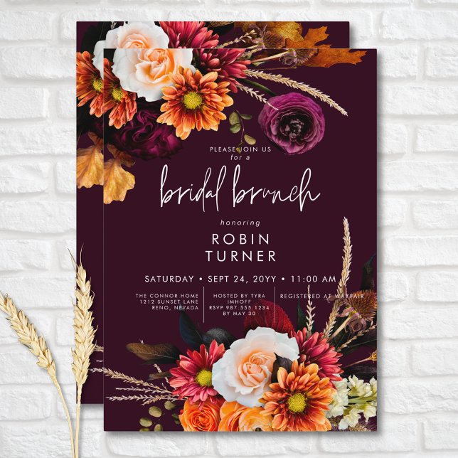 Invitación Brunch nupcial de boho floral borgoña oscuro (Dark Russet Boho Floral Burgundy Bridal Brunch Invitation)