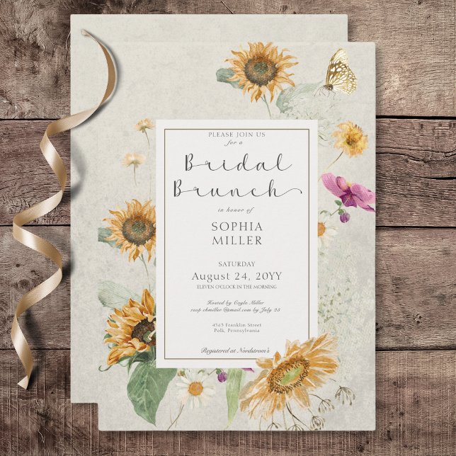 Invitación Brunch nupcial de crema de girasol de verano vinta (Vintage Summer Sunflower Cream Bridal Brunch Invitation)