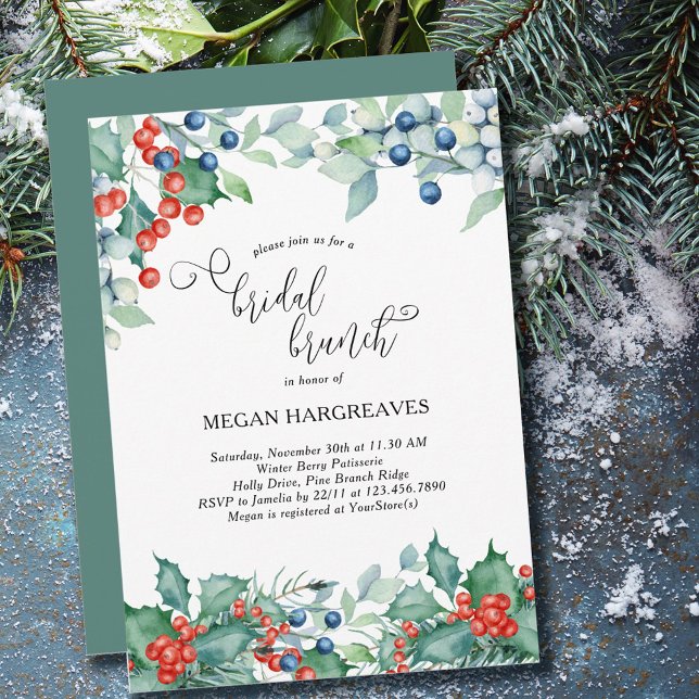 Invitación Brunch nupcial de invierno Berries Holly Watercolo (Subido por el creador)