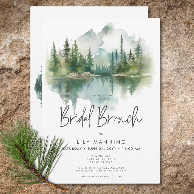 Invitación Brunch nupcial de la acuarela del lago Rustic Moun (Rustic Mountain Lake Watercolor Bridal Brunch Invitation)
