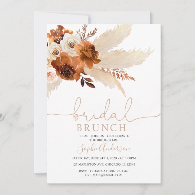 Invitación Brunch nupcial de Naranja quemado Bohemian Pampas (Anverso)