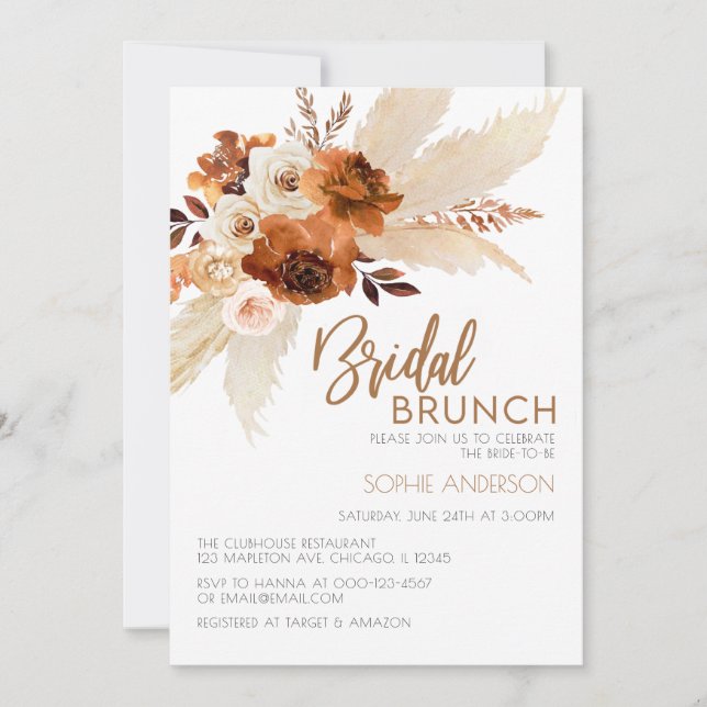 Invitación Brunch nupcial de Naranja quemado Boho Pampas (Anverso)