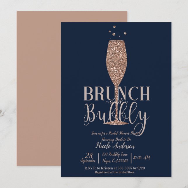 Invitación Brunch nupcial de Rosa de la Marina de Oro Champag (Anverso / Reverso)