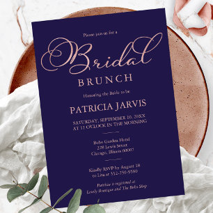Invitación Brunch Nupcial de Tinta de Oro Rosa Azul Marino co