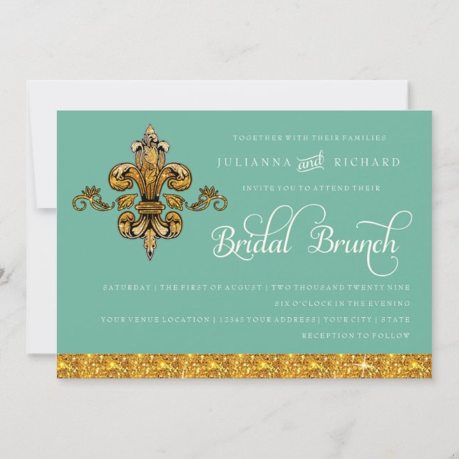 Invitación Brunch nupcial Faux Gold Verde azulado Fleur de Li (Reverso)