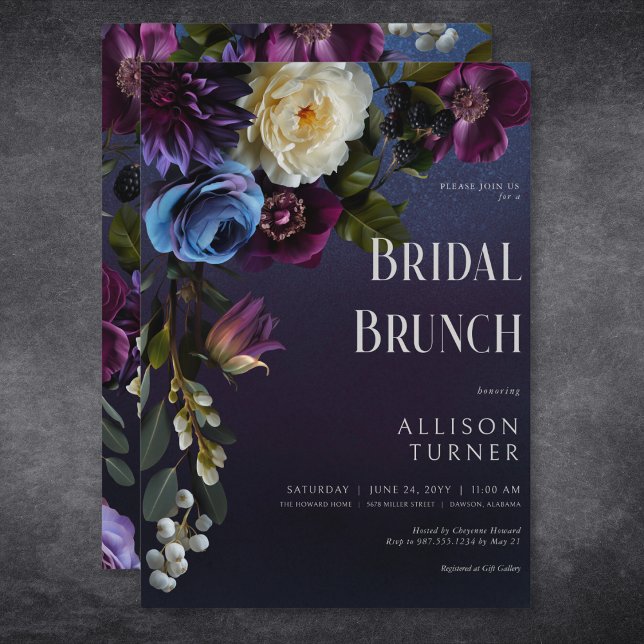 Invitación Brunch nupcial floral azul oscuro y púrpura (Dark Blue & Purple Floral Moody Bridal Brunch Invitation)