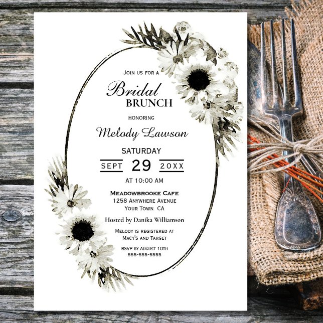Invitación Brunch nupcial Floral blanca y negra (Subido por el creador)