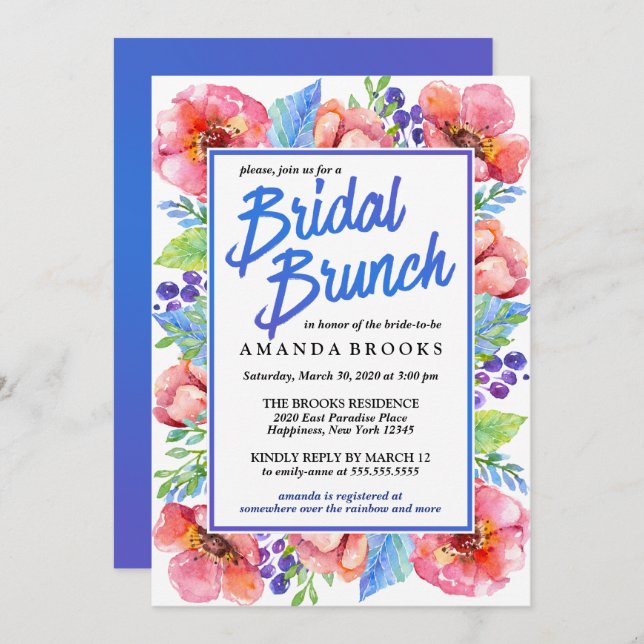 Invitación Brunch nupcial Floral Boda moderno acuarela (Anverso / Reverso)