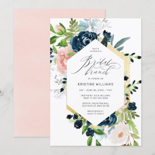 Invitación Brunch nupcial floral de color azul Rosa de Rubor
