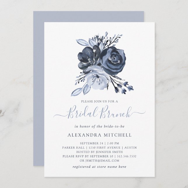 Invitación Brunch nupcial floral de la acuarela azul del ramo (Anverso / Reverso)