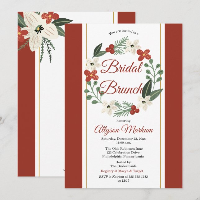 Invitación Brunch nupcial floral navideña navidad (Anverso / Reverso)