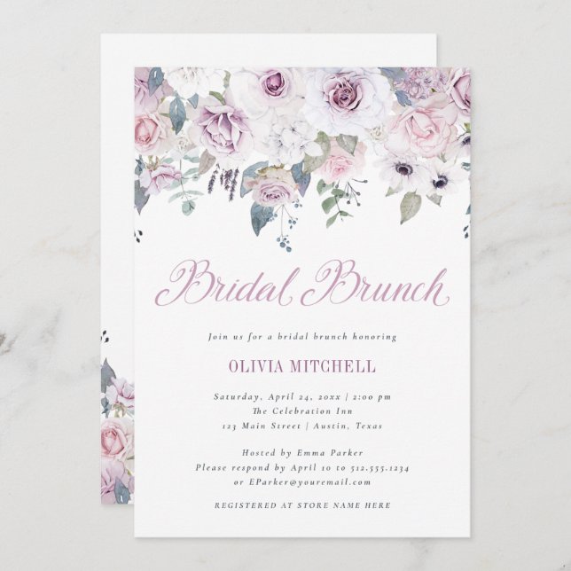 Invitación Brunch nupcial floral violeta de Rubor el | (Anverso / Reverso)