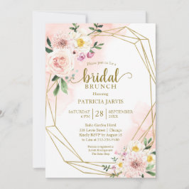 Invitación Brunch Nupcial Geométrico Dorado con Floral Rubor 
