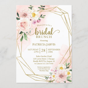 Invitación Brunch Nupcial Geométrico Dorado con Floral Rubor 