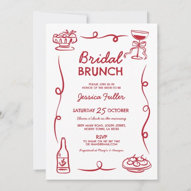 Invitación Brunch nupcial Mano caprichosa Moda francés (Anverso)