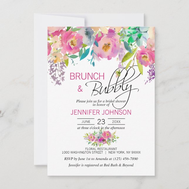 Invitación Brunch nupcial púrpura rosado floral de la (Anverso)