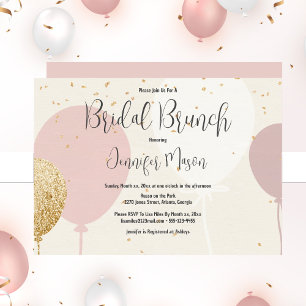 Invitación Brunch nupcial, rosa, oro, ducha de globos