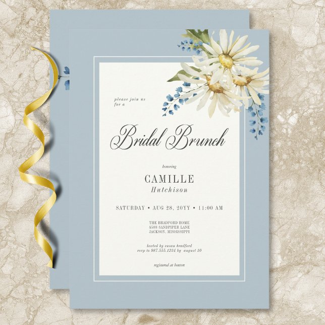 Invitación Brunch nupcial Rústico Azul y Blanco (Rustic Blue & White Daisies Bridal Brunch Invitation)