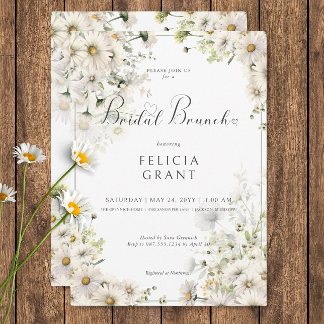 Invitación Brunch nupcial Rústico de Daisies Blancos (Rustic White Daisies Bridal Brunch Invitation)