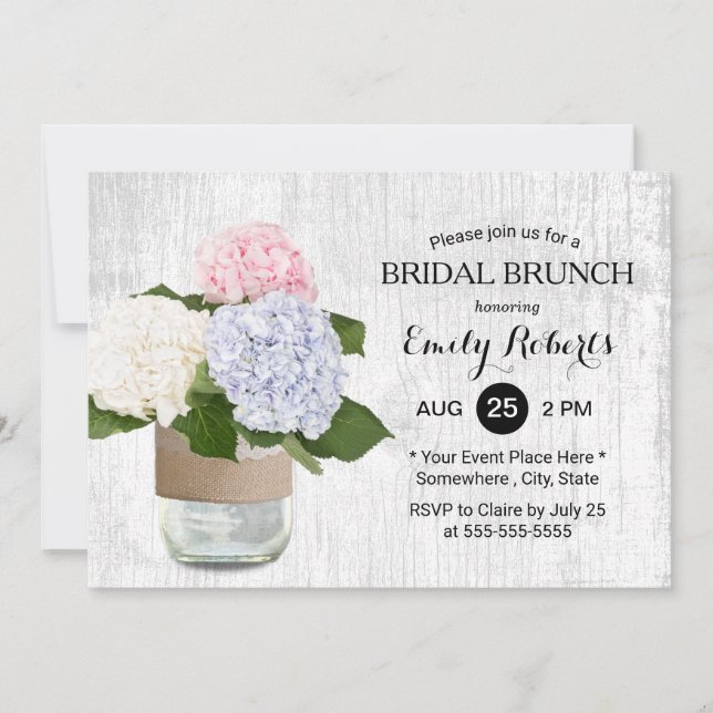 Invitación Brunch nupcial Rústico Hydrangea Floral Mason Jar (Anverso)