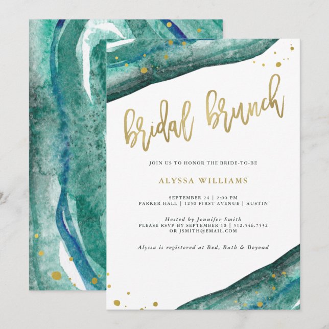 Invitación Brunch nupcial Verde azulado y geodésico de oro (Anverso / Reverso)