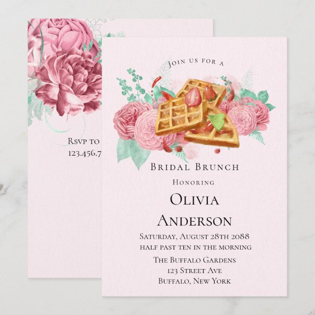 Invitación Brunch nupcial Waffles rosa y menta (Anverso / Reverso)